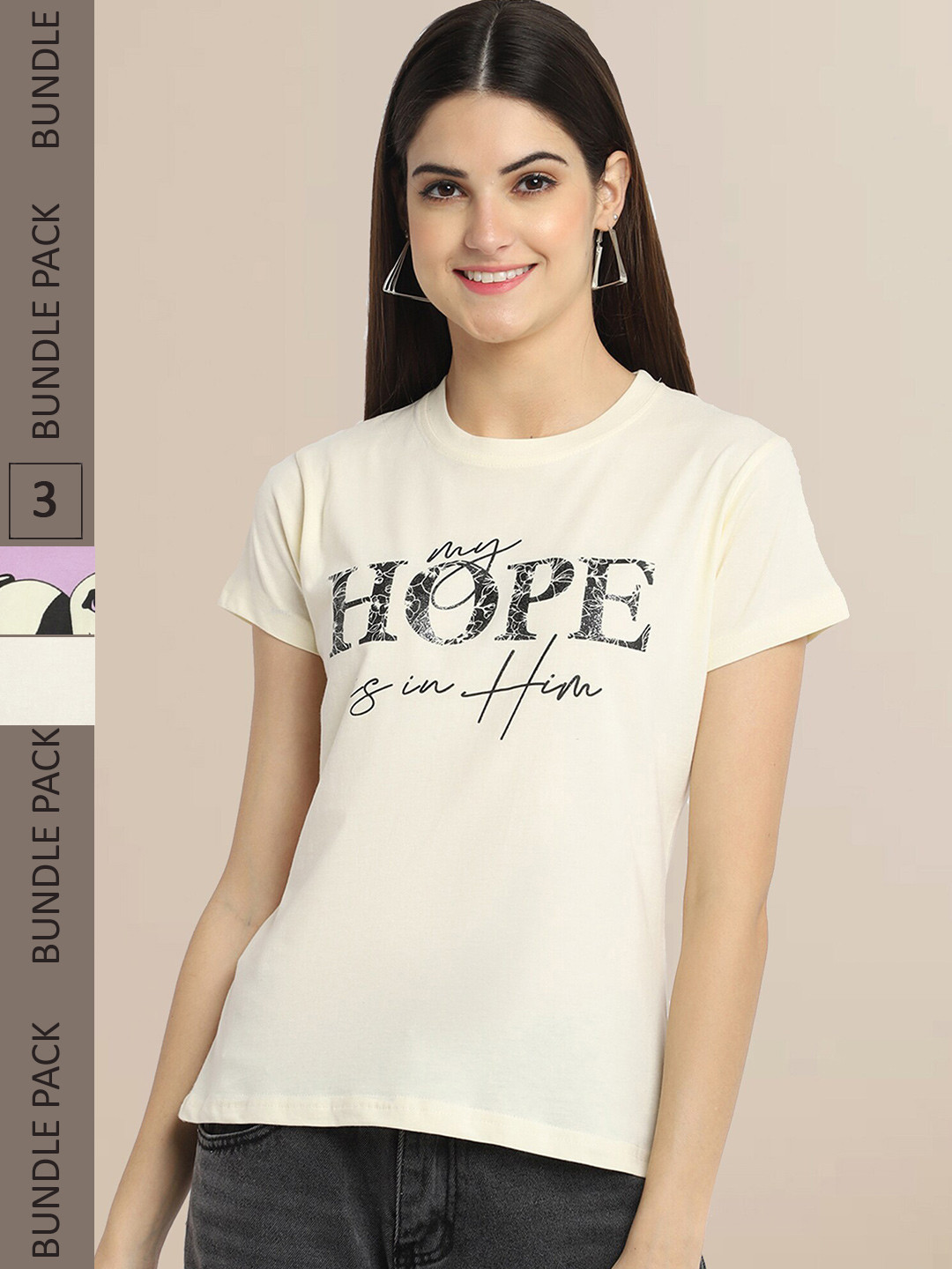 

Fabflee Cream & Lavender Pack Of 3 Typography Printed T-shirts