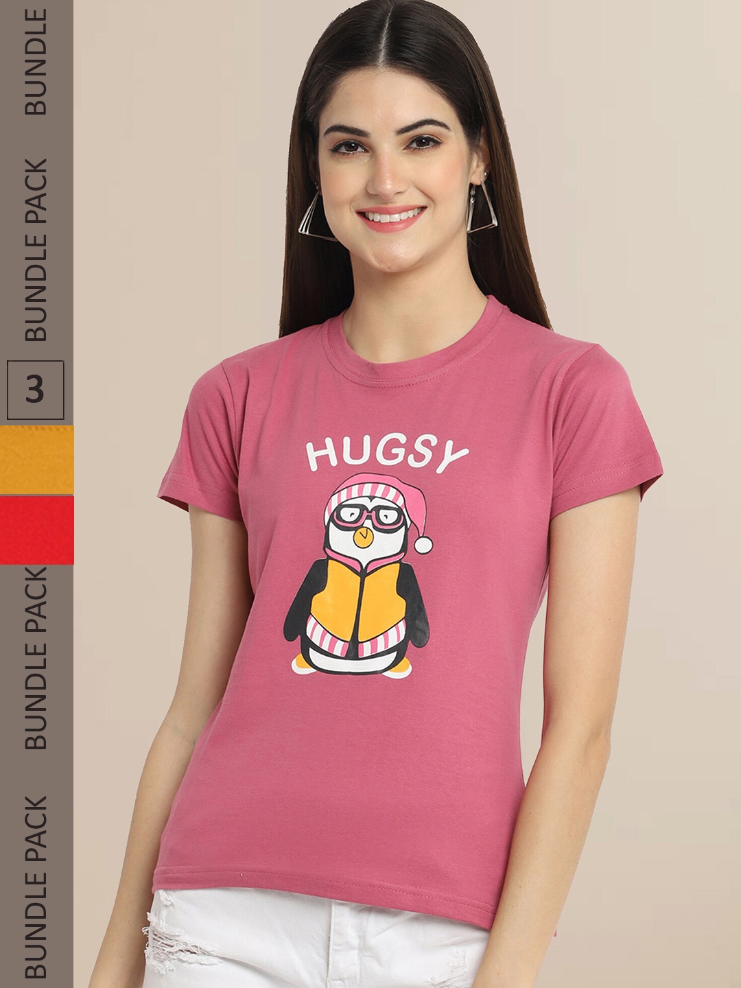 Fabflee Pink & Mustard Yellow Pack Of 3 Printed Cotton T-shirts