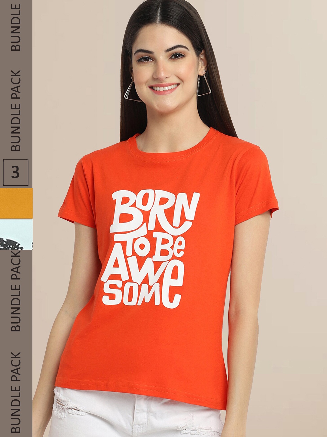 

Fabflee Women Orange & Mustard Yellow Typography Pack Of 3 Printed Cotton T-shirts