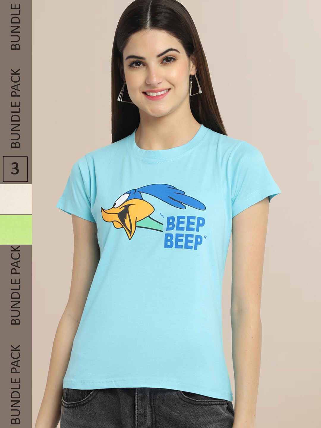 

Fabflee Women Blue & Cream Typography Pack Of 3 Printed Cotton T-shirt