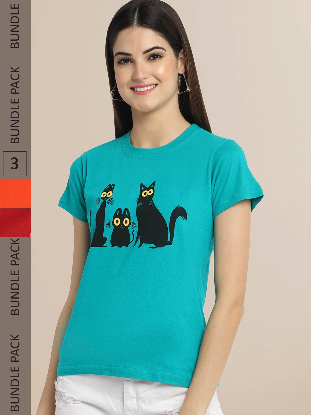 Fabflee Women Blue & Orange Pack Of 3 Printed Cotton T-shirts