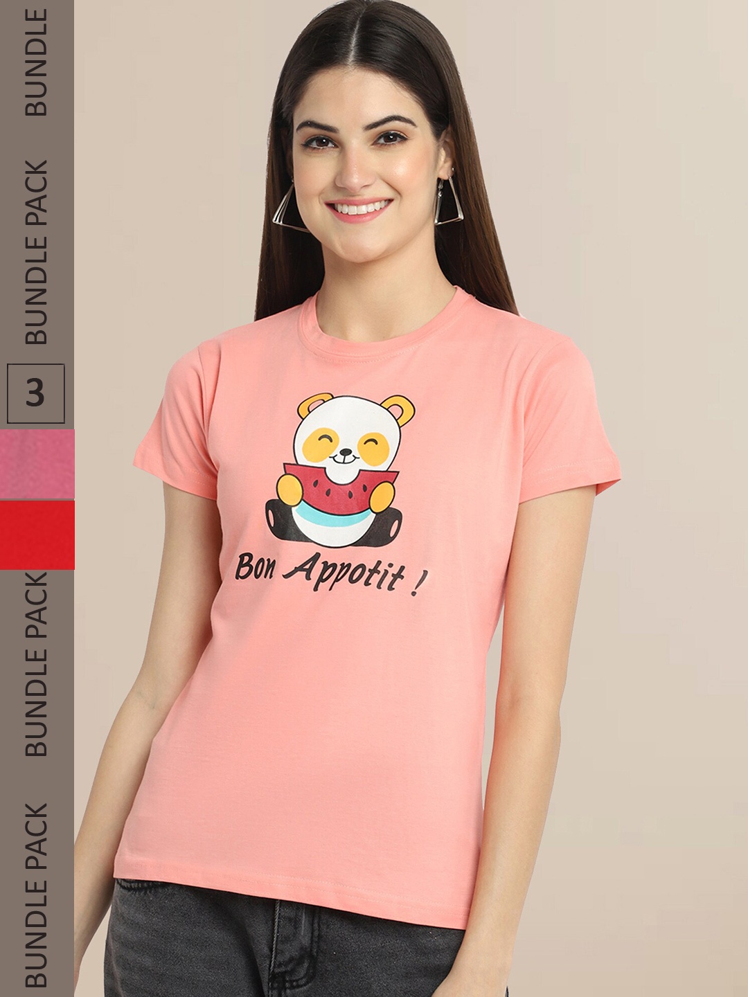 

Fabflee Women Coral & Pink Pack Of 3 Printed Cotton T-shirts