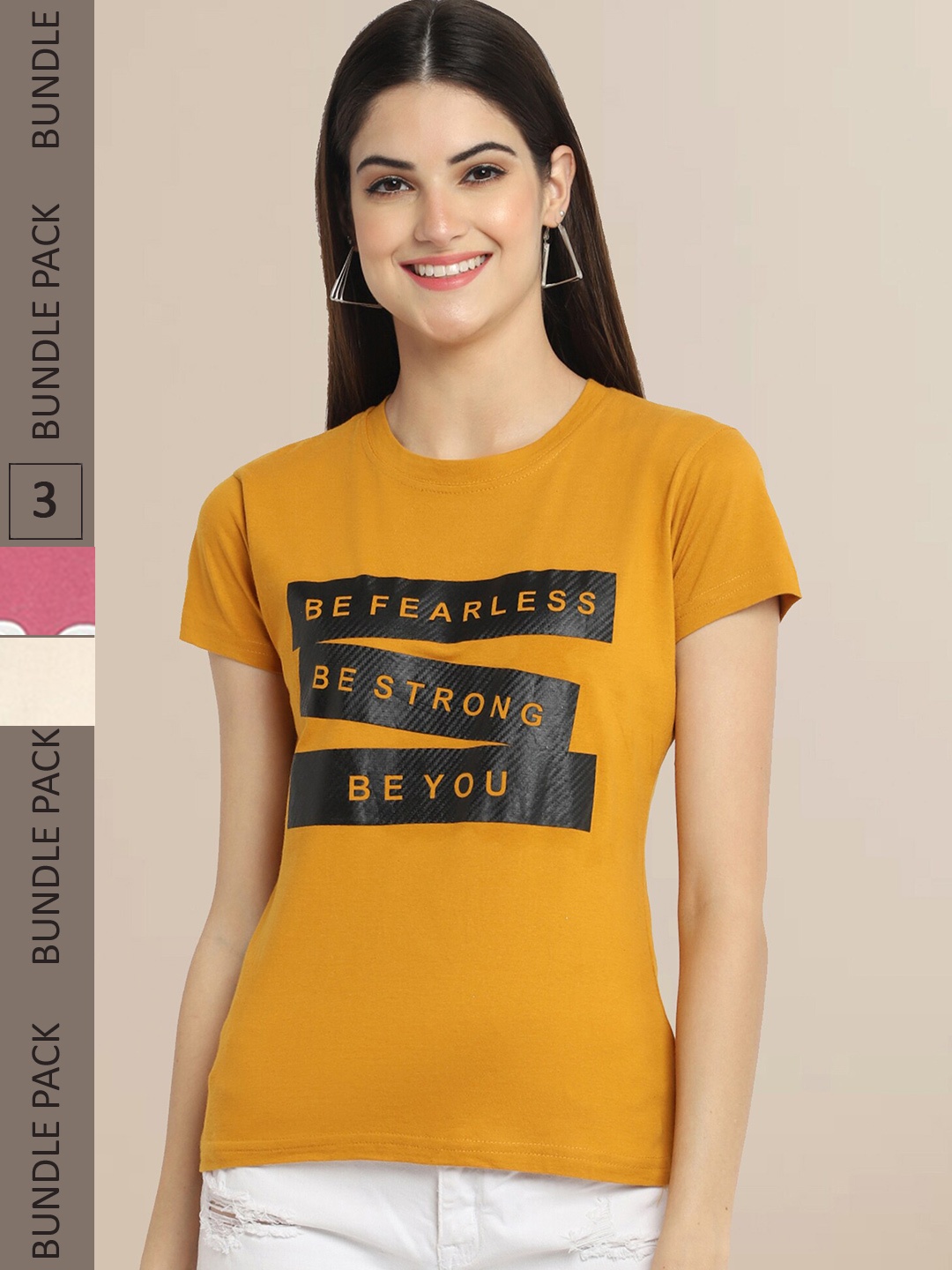 

Fabflee Women Mustard Yellow & Pink Pack of 3 T-shirt