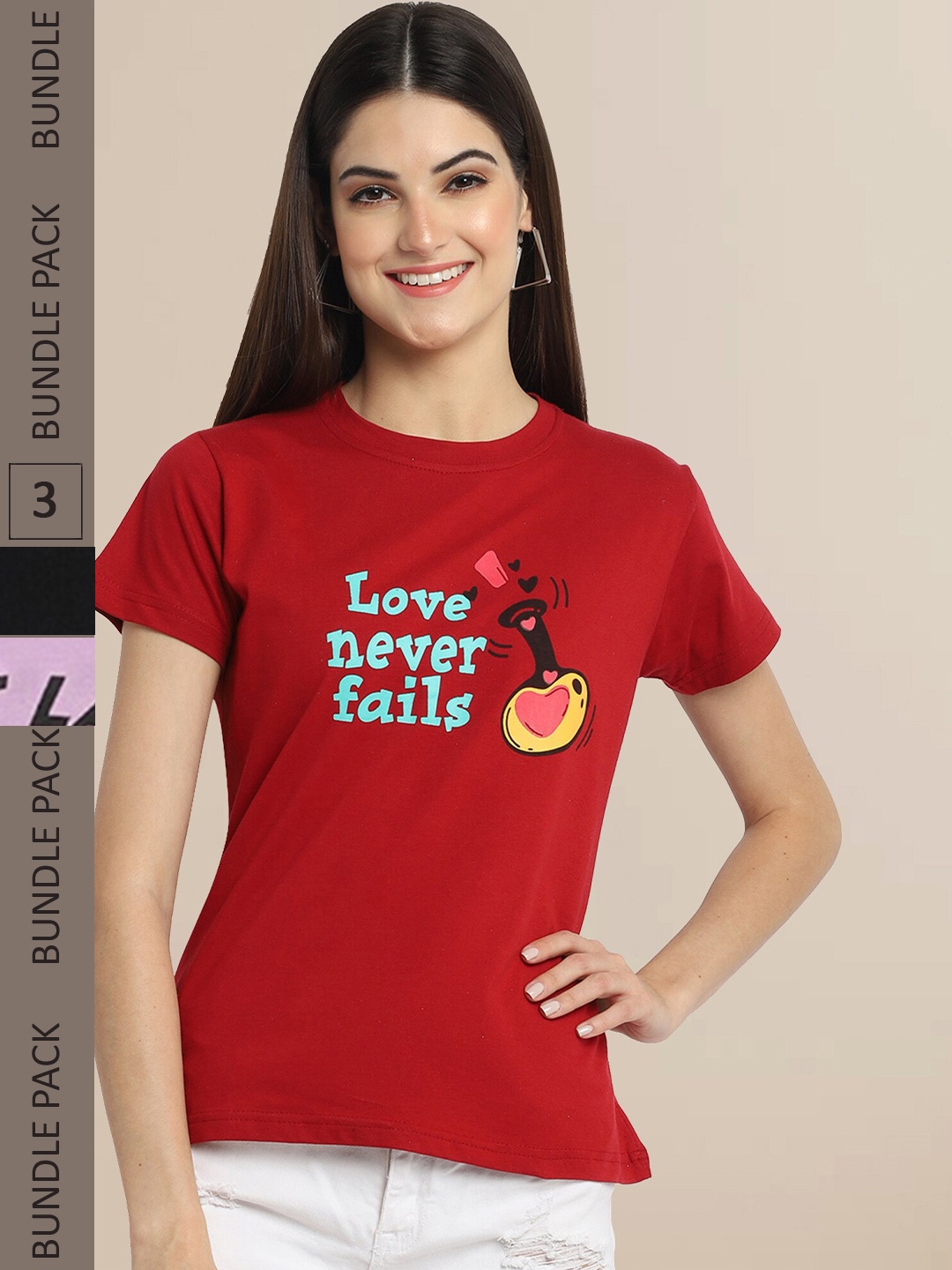 Fabflee Pack Of 3 Printed Cotton T-shirt, Red