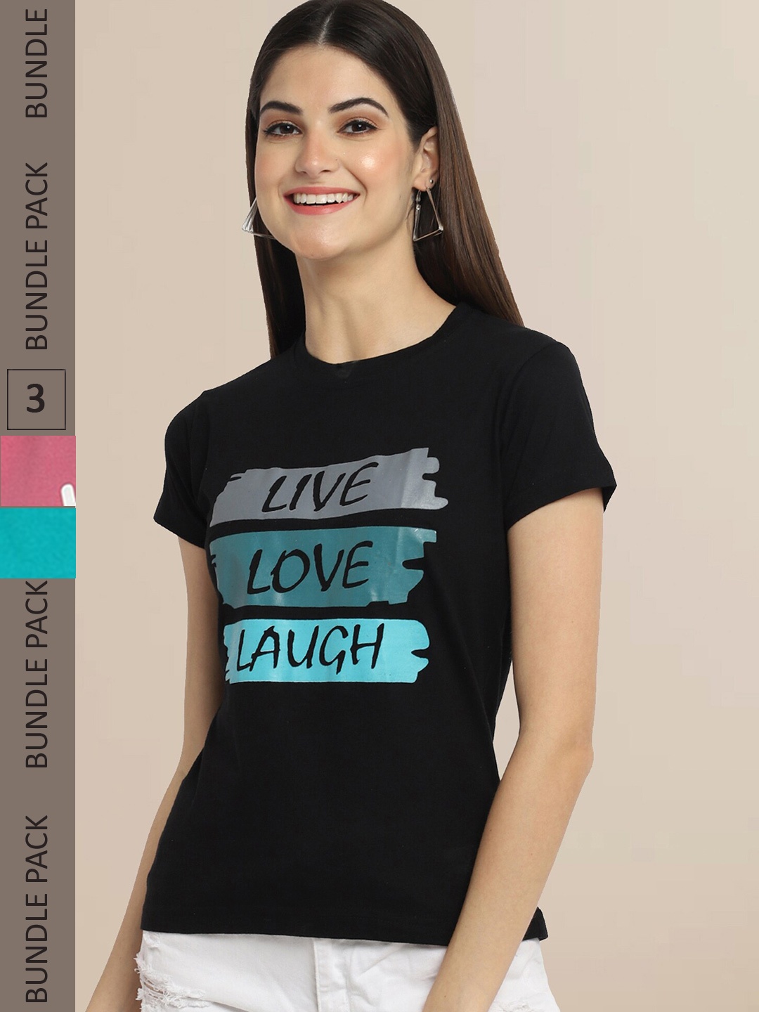 Fabflee Women Black & Pink Typography Pack of 3 T-shirt