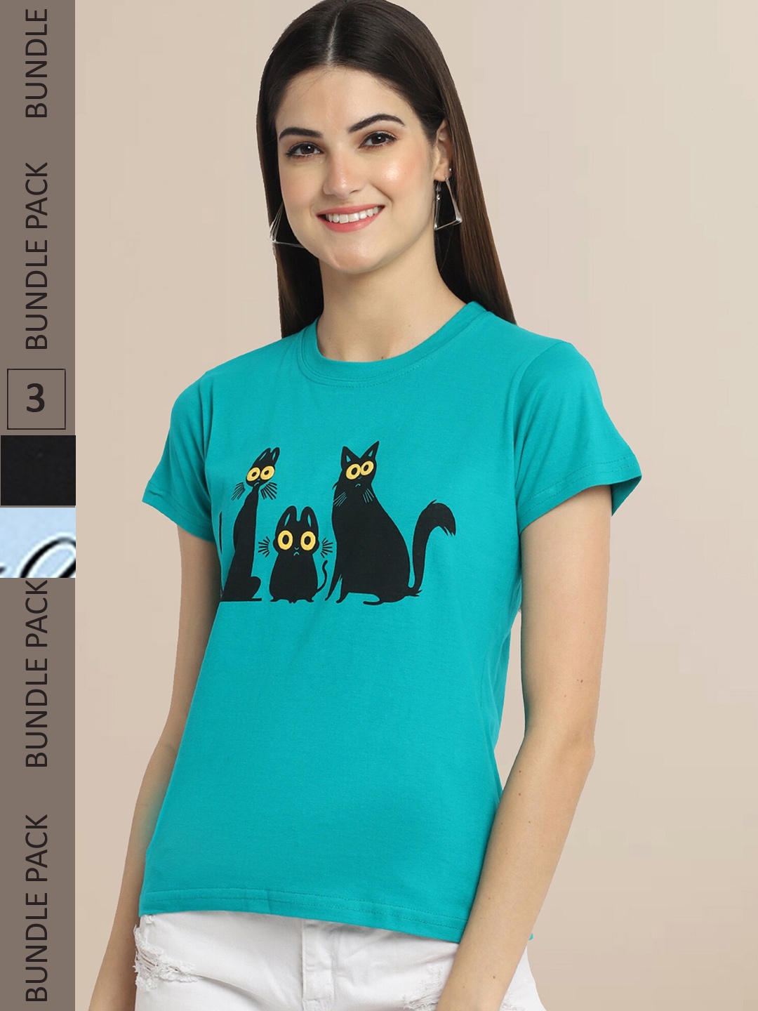 Fabflee Women Teal & Black Pack of 3 T-shirt