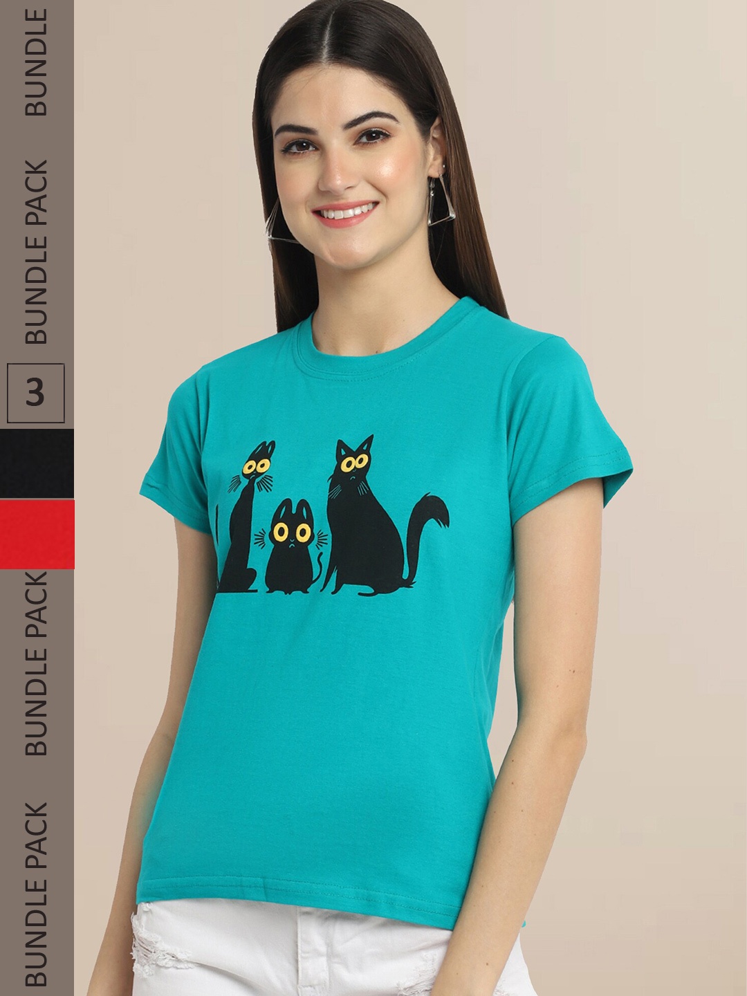 Fabflee Women Teal & Black Pack of 3 T-shirt