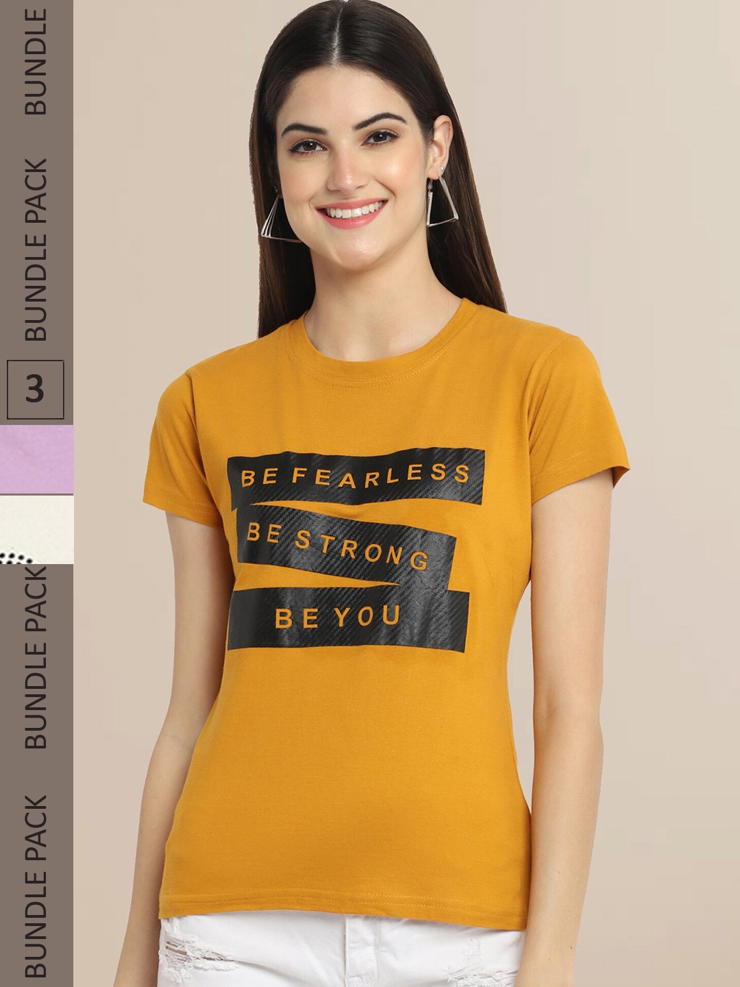 

Fabflee Women Mustard Yellow & Lavender Typography Pack of 3 T-shirt
