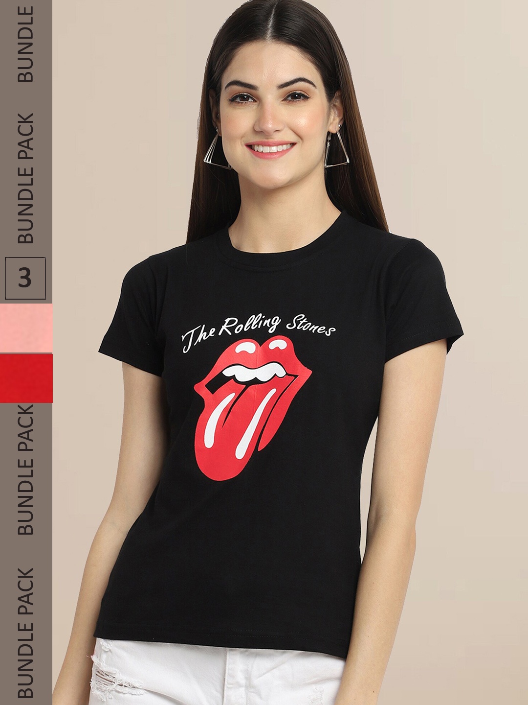 

Fabflee Women Black & Peach-Coloured Pack of 3 T-shirt