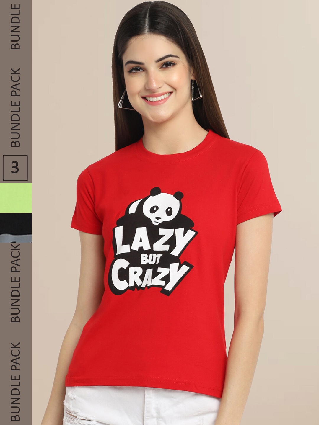 

Fabflee Women Red & Fluorescent Green Typography Pack of 3 T-shirt