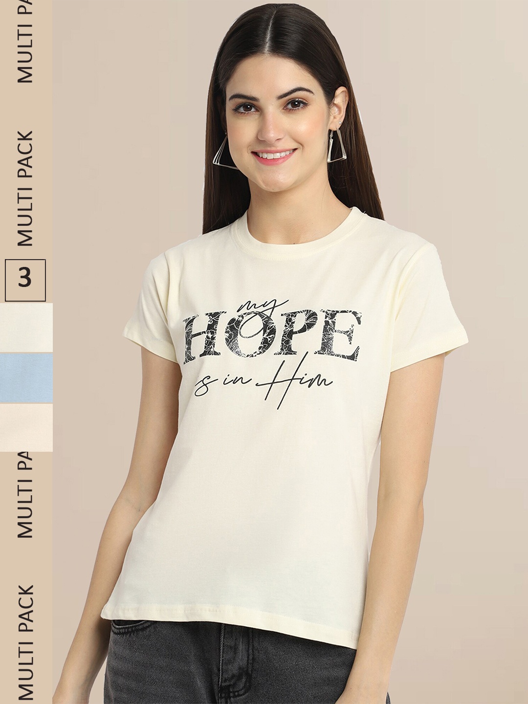 

Fabflee Women Beige & Blue Typography Pack of 3 Cotton T-shirt