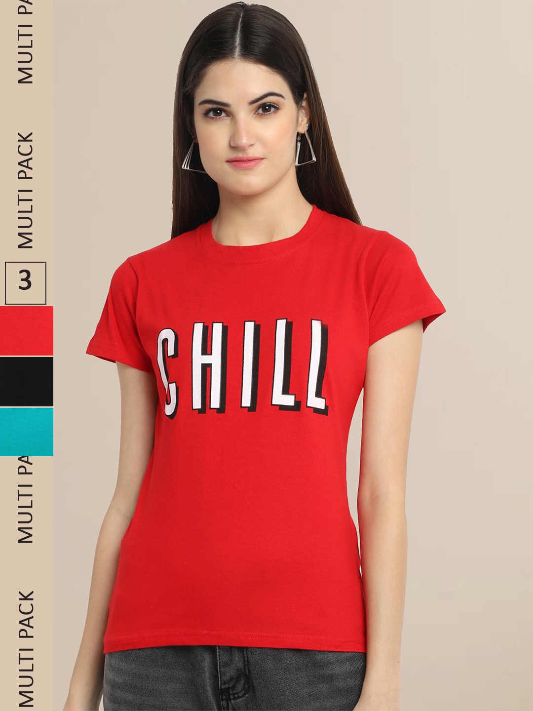 

Fabflee Women Red & Black Typography Pack of 3 T-shirt