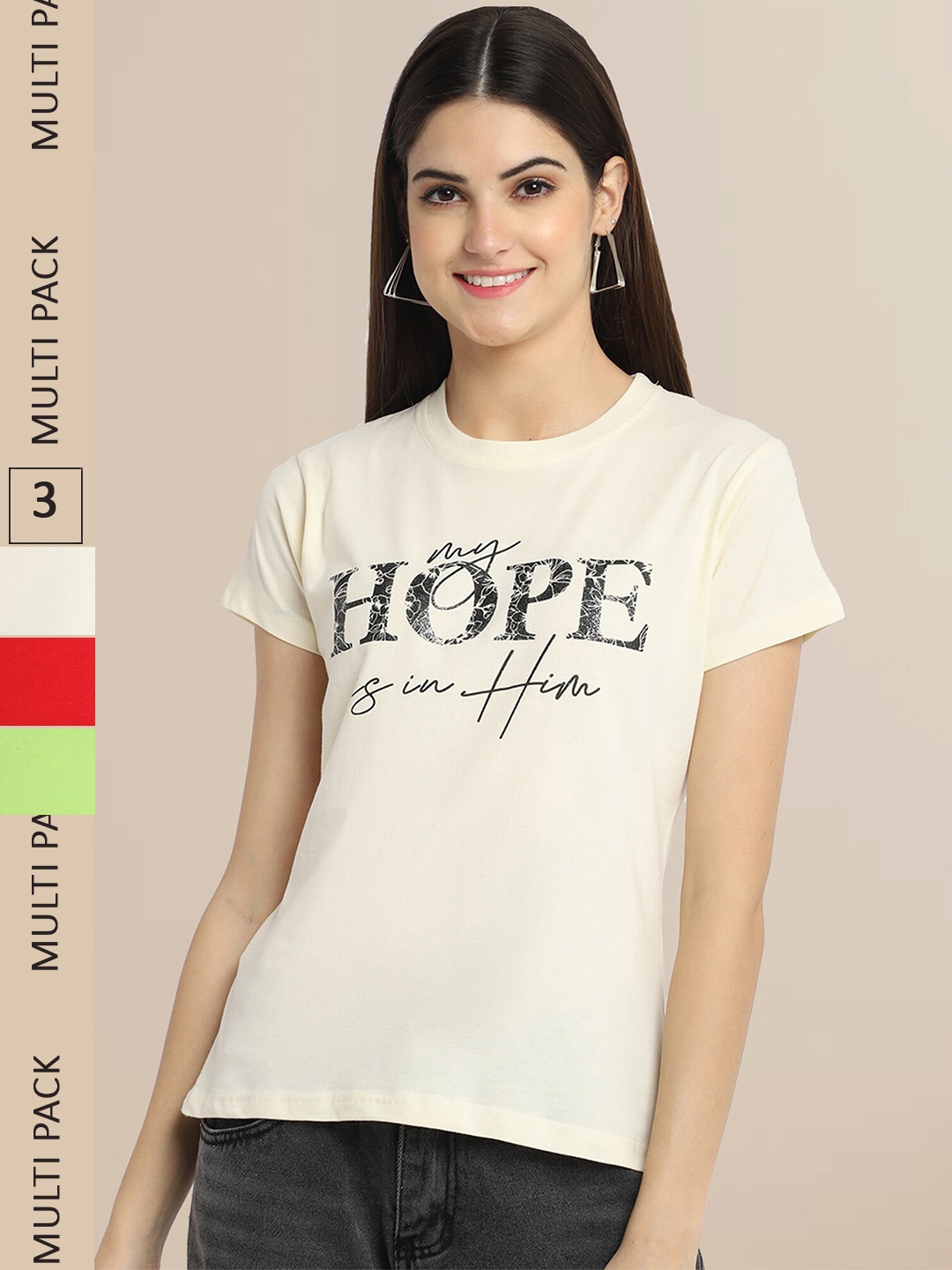 

Fabflee Women Beige & Red Typography Pack of 3 T-shirt