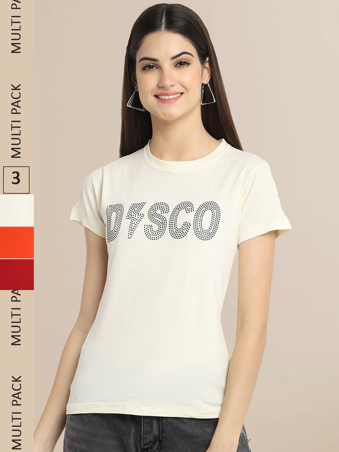 

Fabflee Pack Of 3 Women Typography Printed Cotton T-shirt, Cream