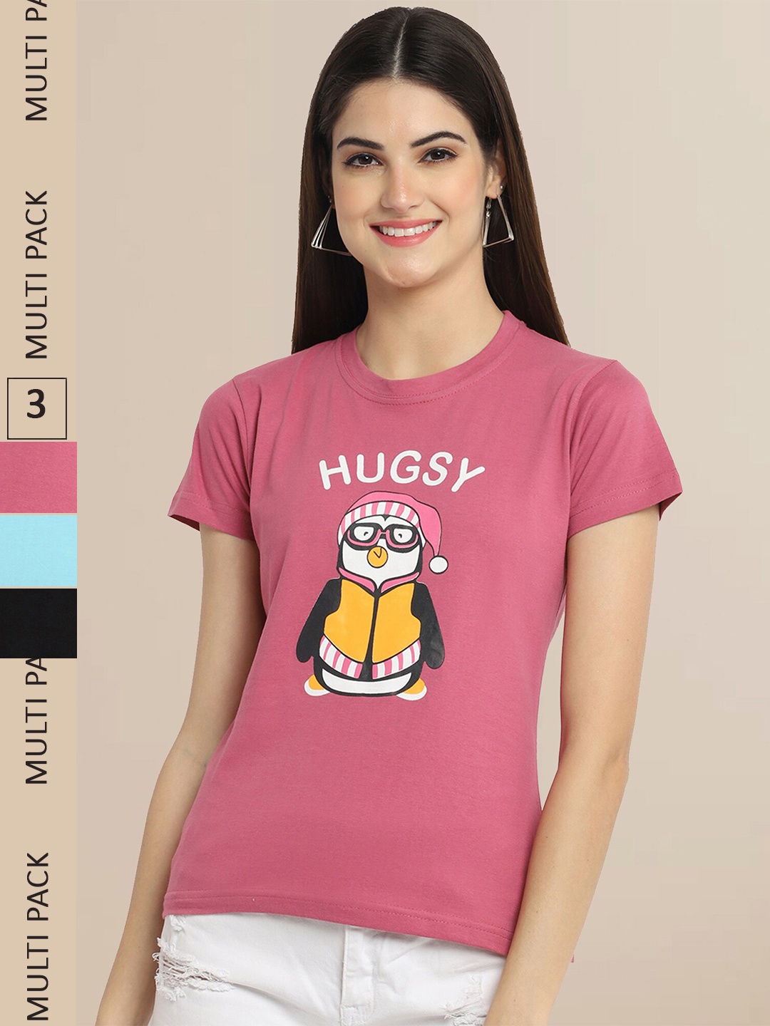 Fabflee Pack Of 3 Women Typography Printed Cotton T-shirt, Pink