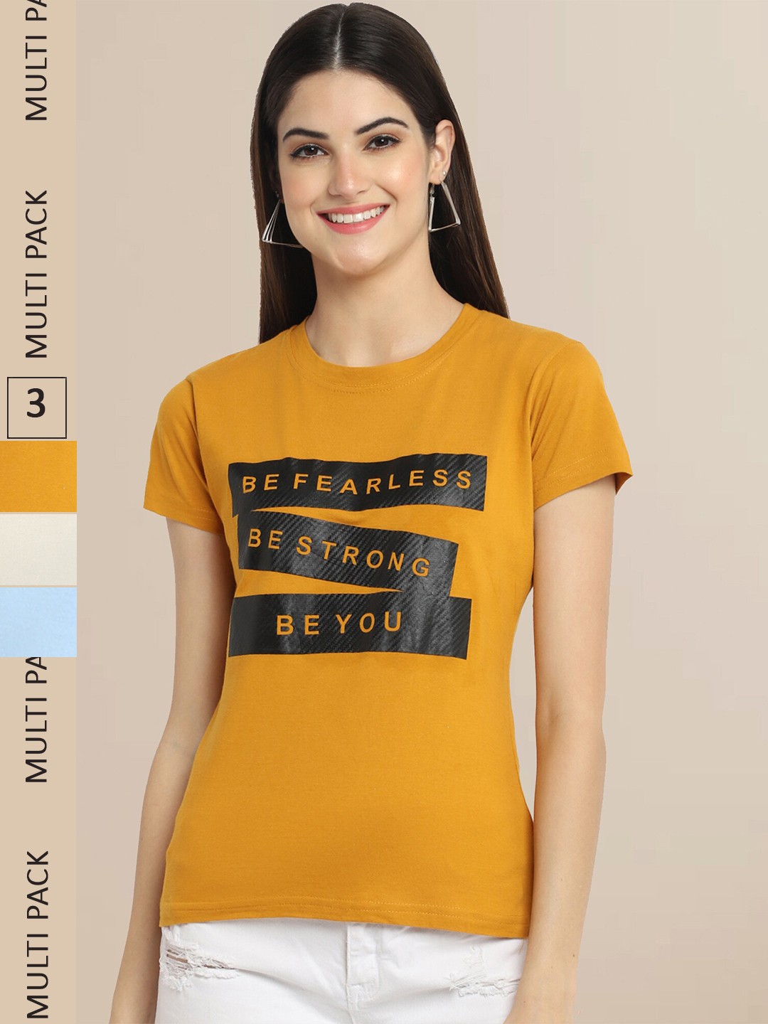 

Fabflee Pack Of 3 Women Typography Printed Cotton T-shirt, Mustard