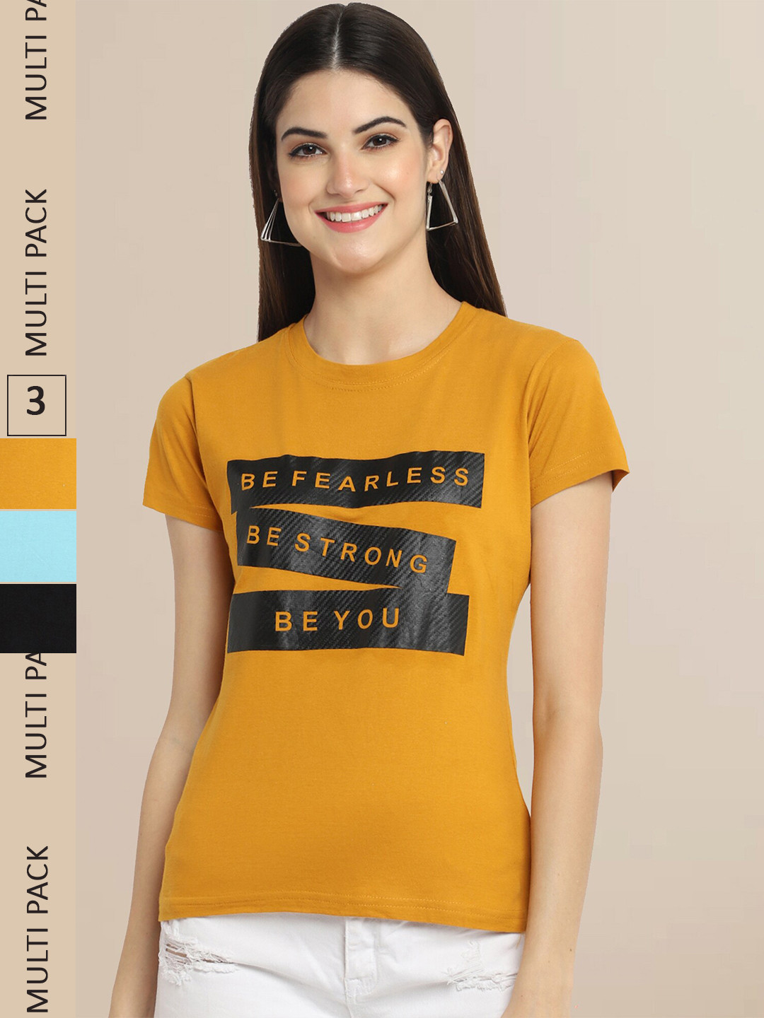 

Fabflee Pack Of 3 Women Typography Printed Cotton T-shirt, Mustard