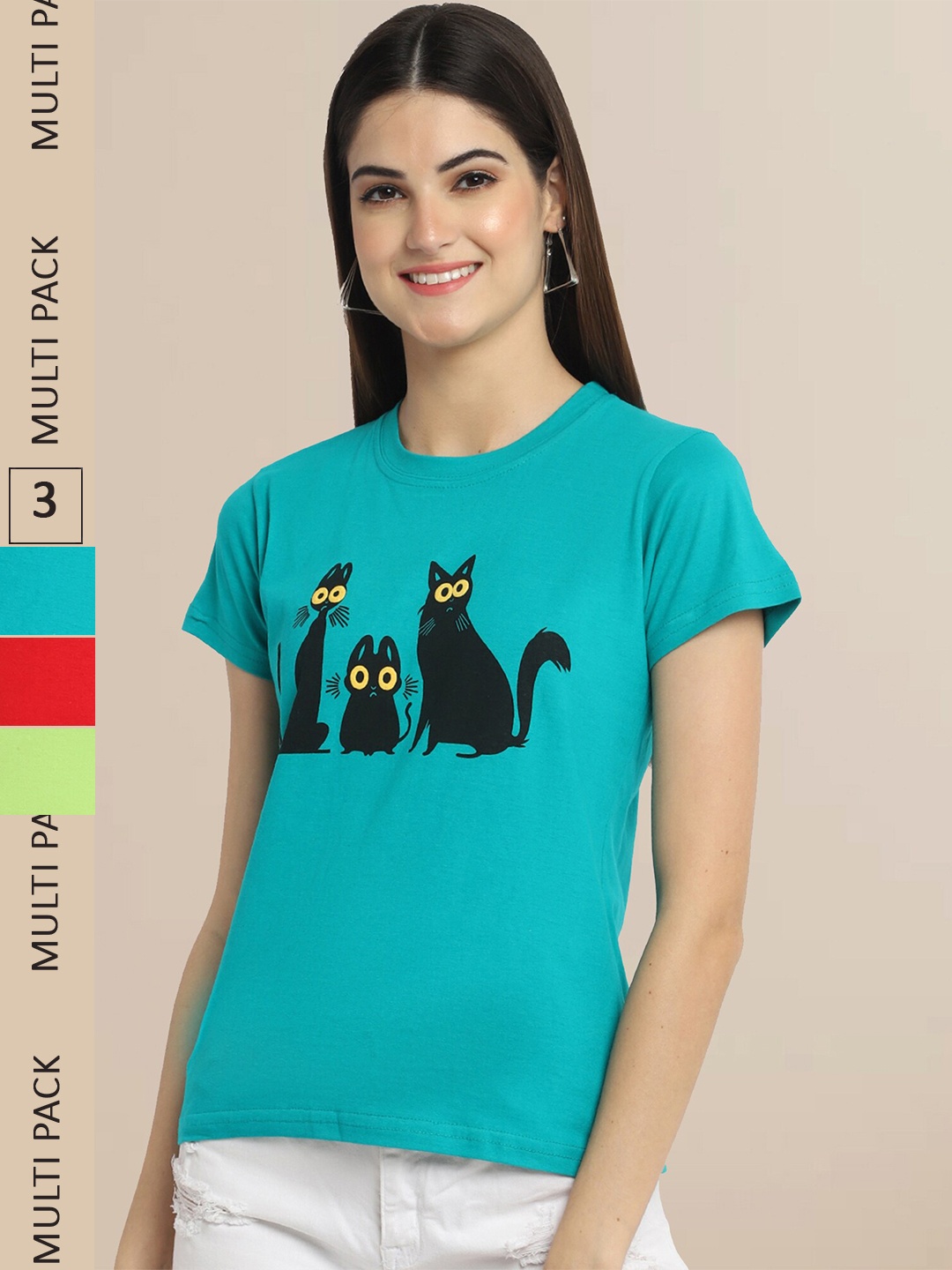 

Fabflee Pack Of 3 Women Typography Printed Cotton T-shirt, Turquoise blue