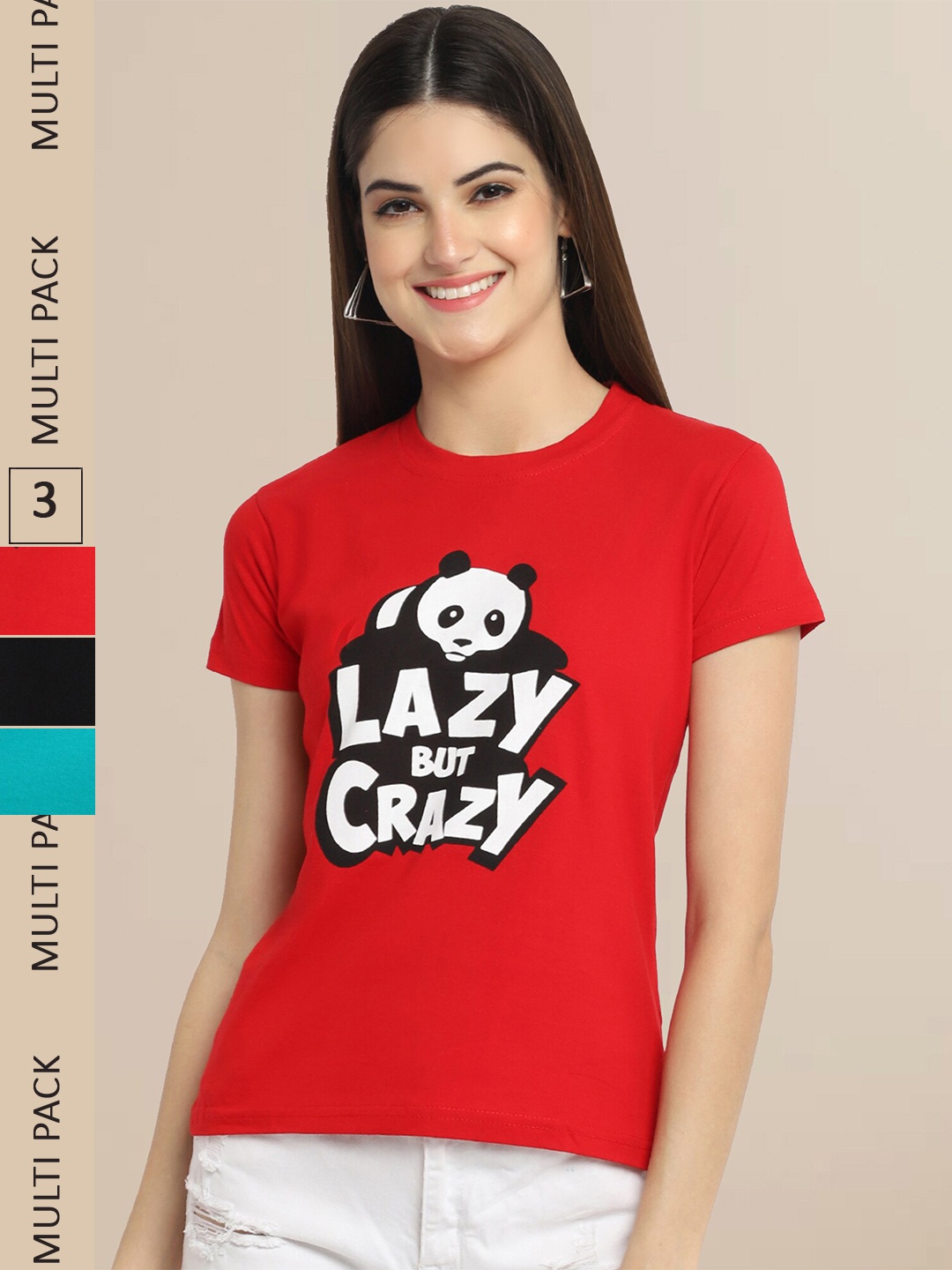 Fabflee Pack Of 3 Women Typography Printed Cotton T-shirt, Red