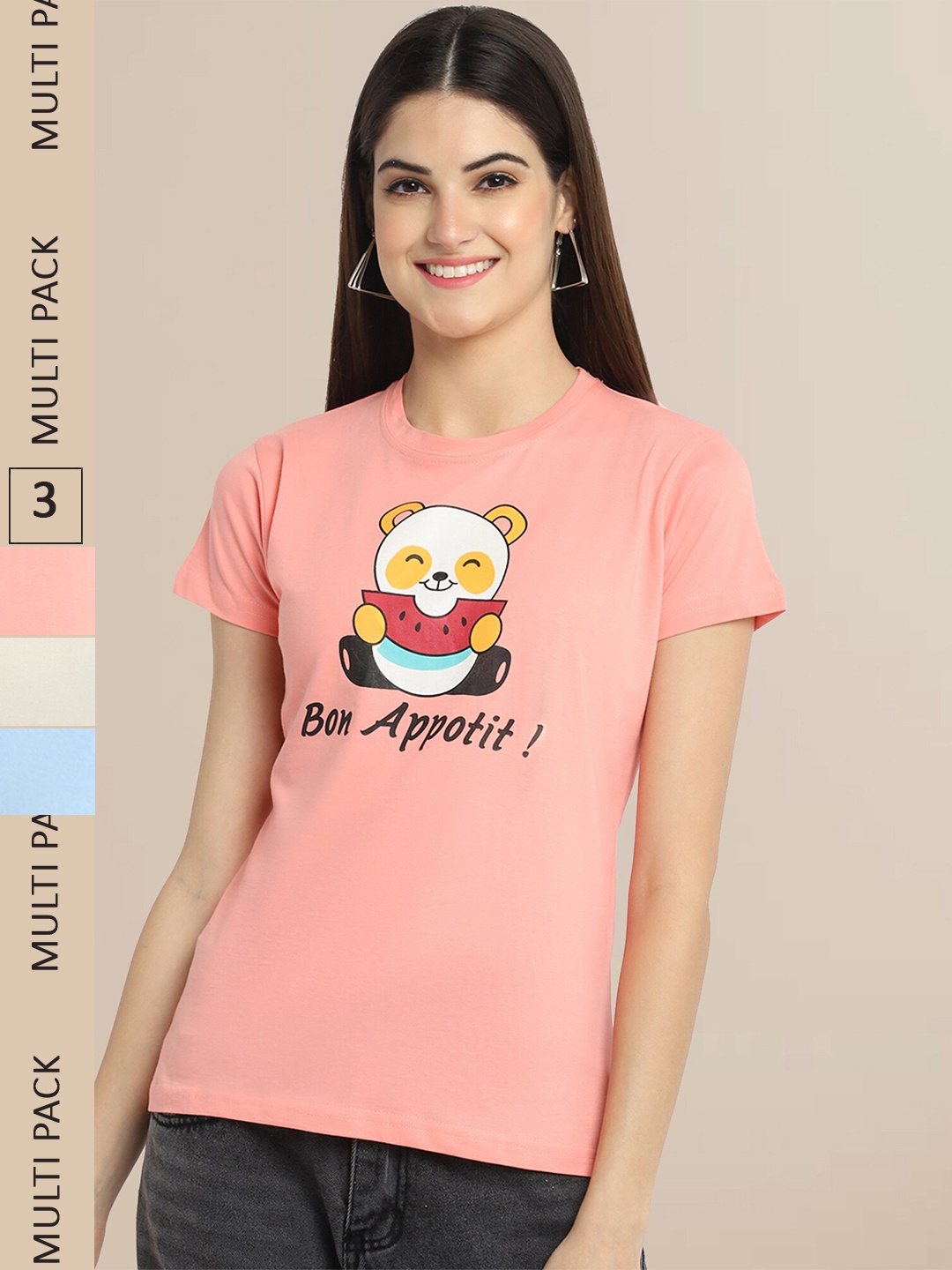 

Fabflee Pack Of 3 Women Typography Printed Cotton T-shirt, Peach