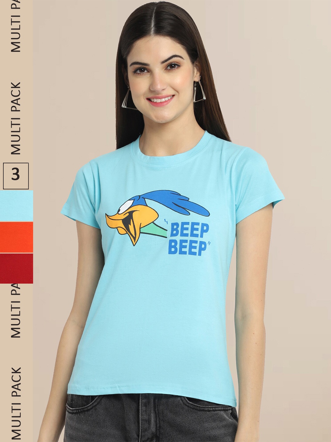 

Fabflee Pack Of 3 Women Typography Printed Cotton T-shirt, Turquoise blue