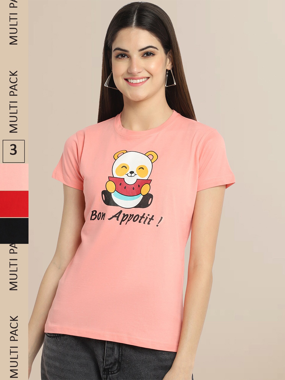

Fabflee Pack Of 3 Women Typography Printed Cotton T-shirt, Peach