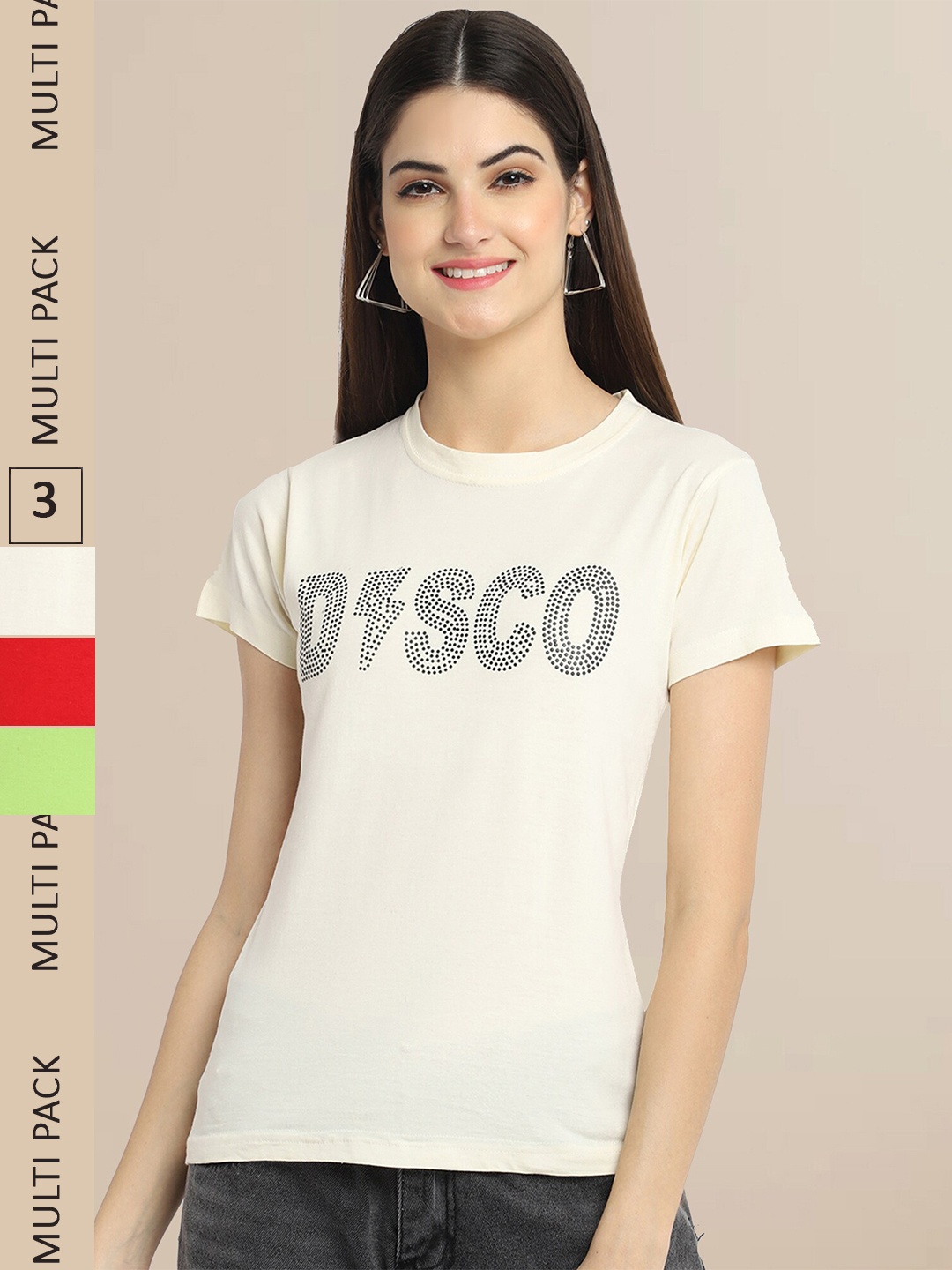 

Fabflee Pack Of 3 Women Typography Printed Cotton T-shirt, Beige