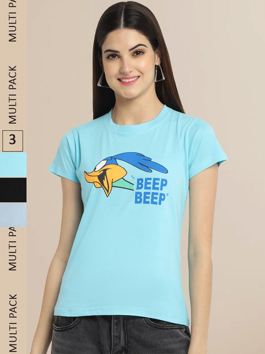 Fabflee Pack Of 3 Women Typography Printed Cotton T-shirt, Turquoise blue