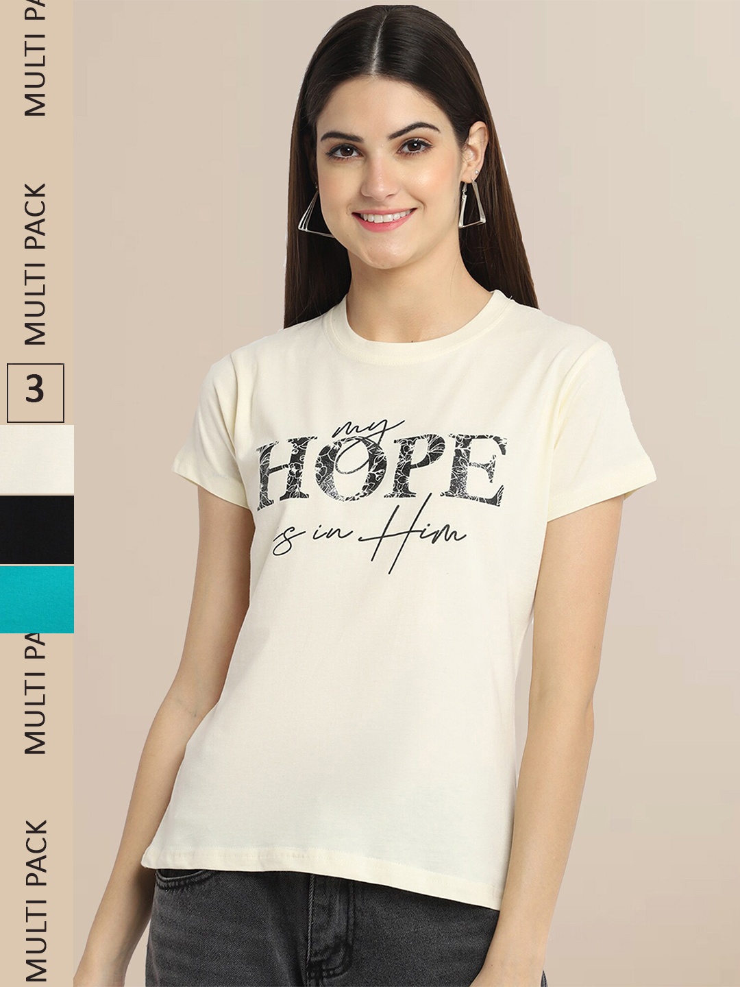 

Fabflee Pack Of 3 Women Typography Printed Cotton T-shirt, Beige