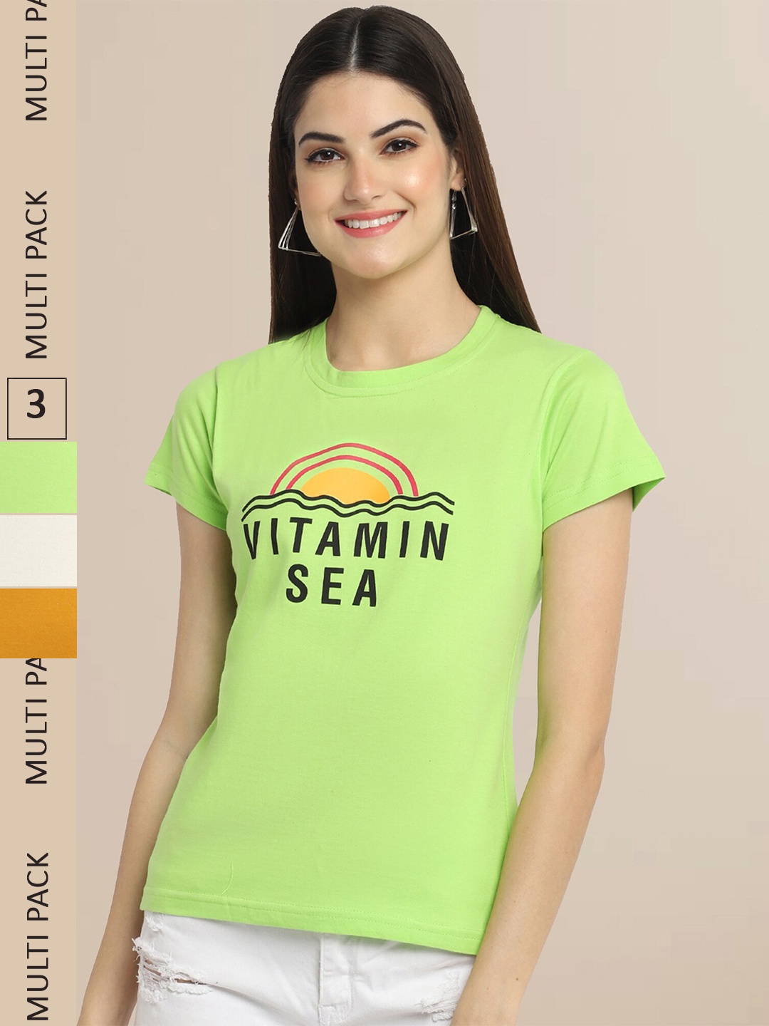 Fabflee Pack Of 3 Women Typography Printed Cotton T-shirt, Lime green