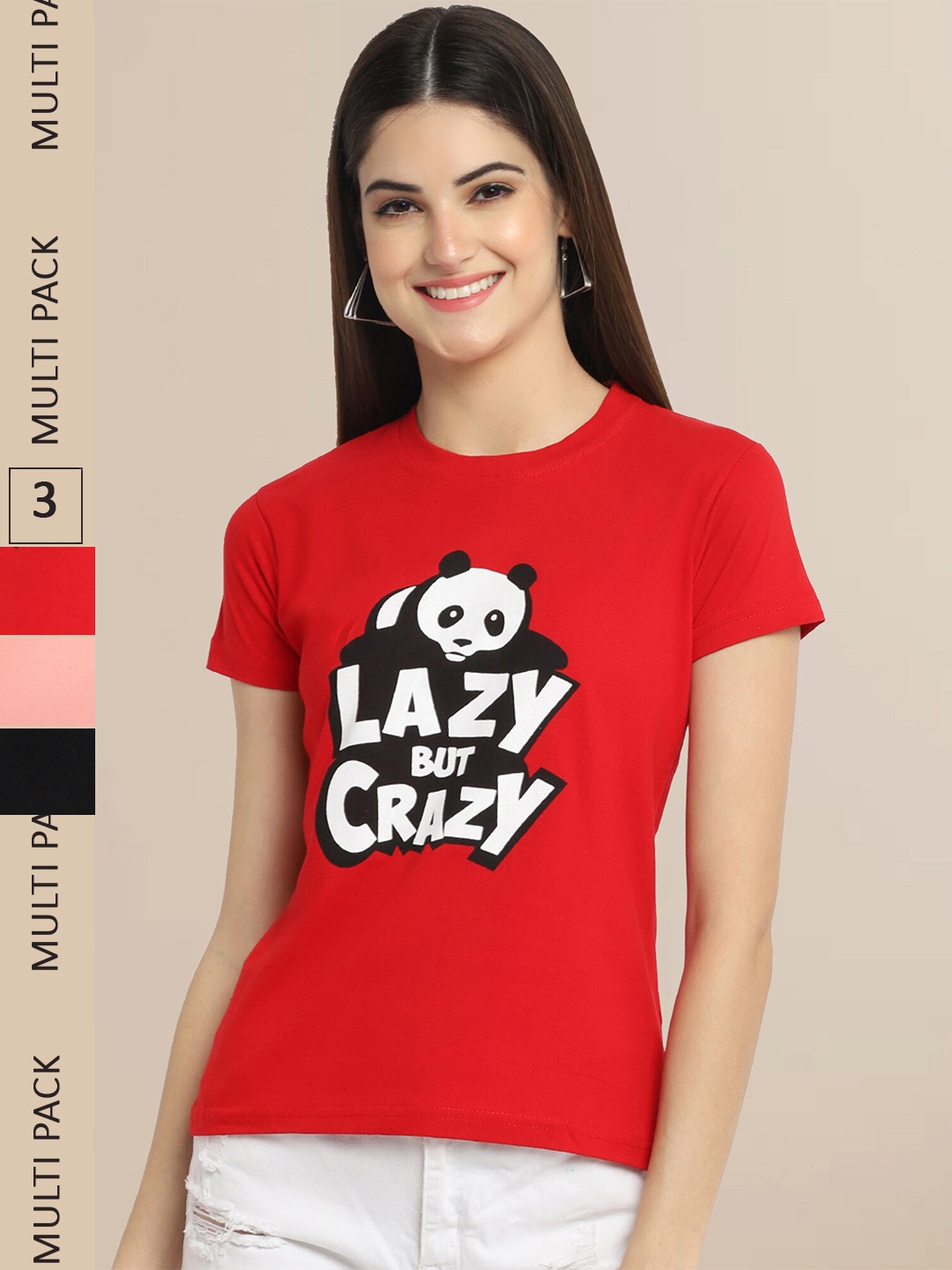 

Fabflee Pack of 3 Typography Printed Round Neck Cotton T-shirt, Red
