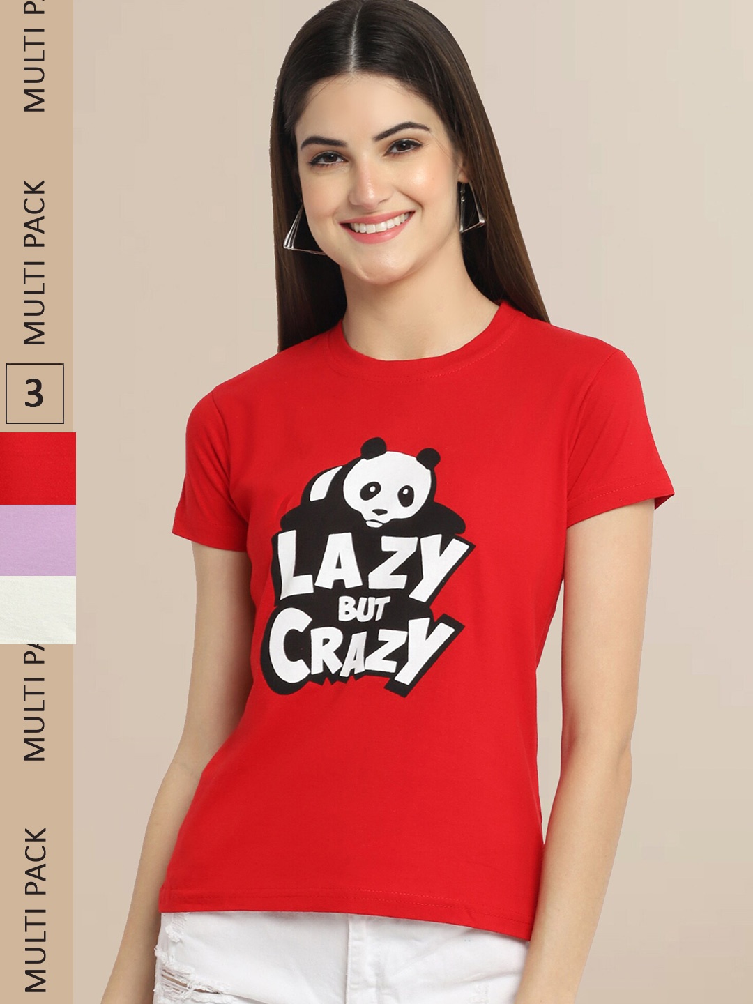 Fabflee Pack Of 3 Women Typography Printed Cotton T-shirt, Red