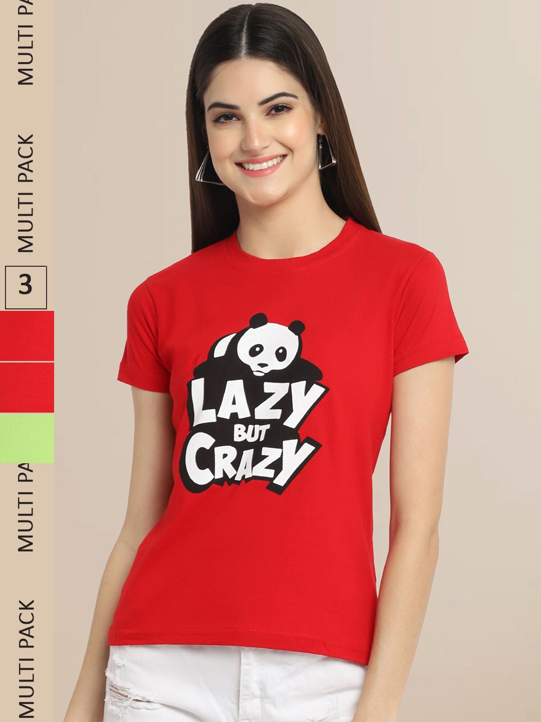 

Fabflee Pack Of 3 Women Typography Printed Cotton T-shirt, Red