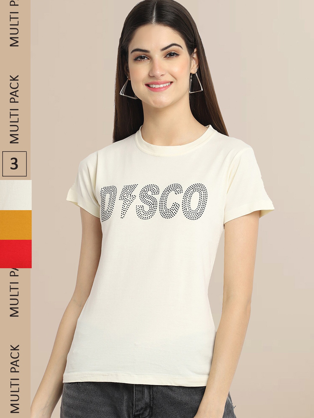 

Fabflee Pack Of 3 Women Typography Printed Cotton T-shirt, Beige