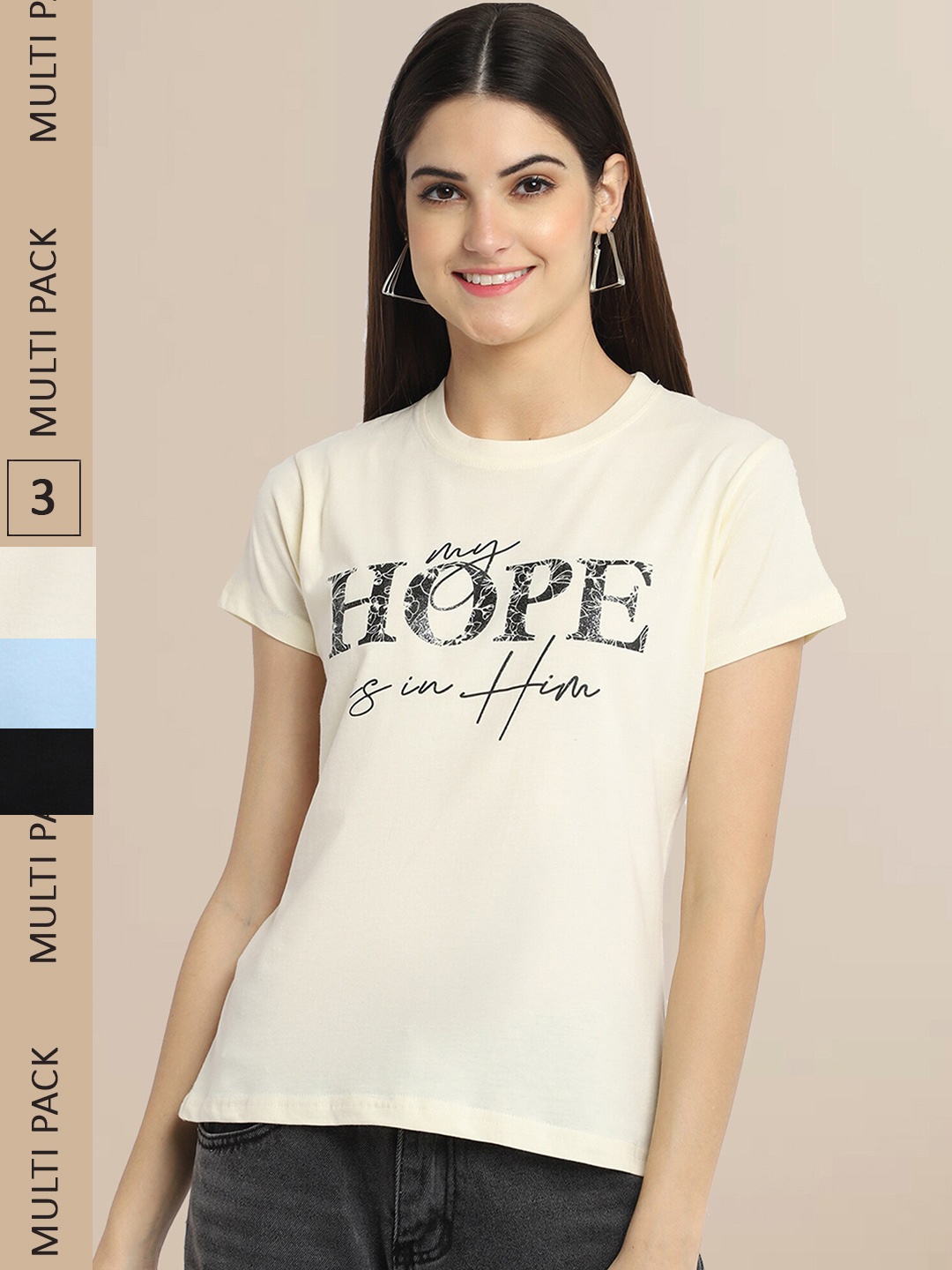 Fabflee Pack Of 3 Women Typography Printed Cotton T-shirt, Beige