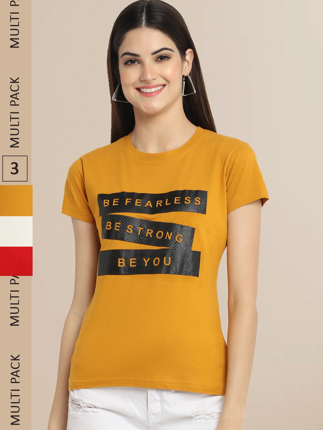 

Fabflee Pack Of 3 Women Typography Printed Cotton T-shirt, Mustard