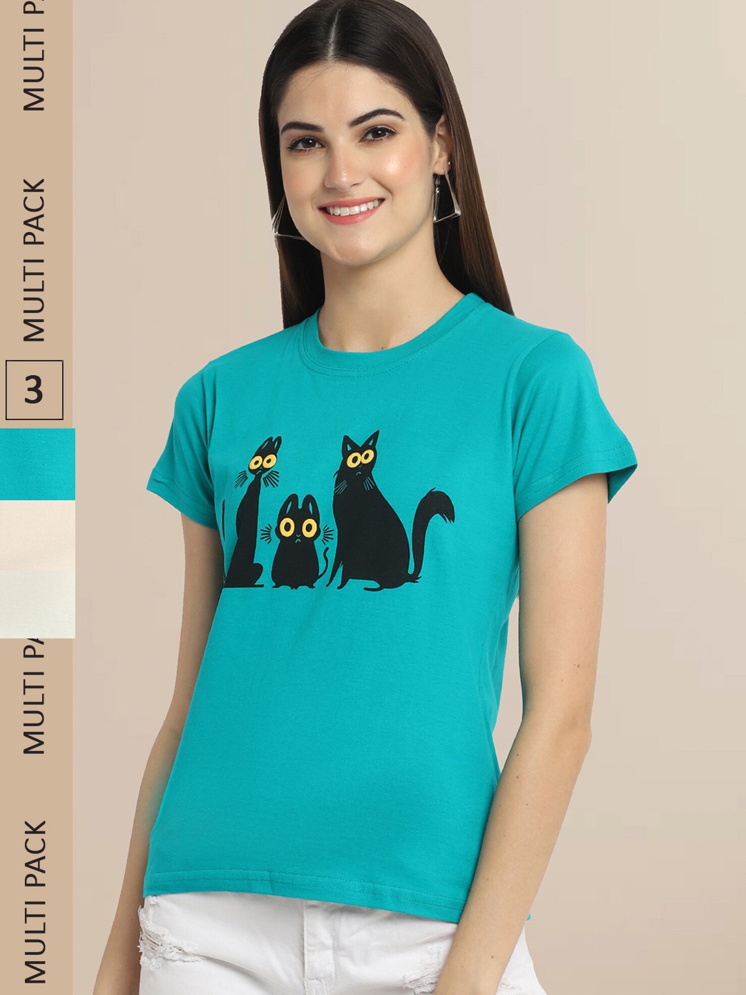 Fabflee Pack Of 3 Women Typography Printed Cotton T-shirt, Turquoise blue