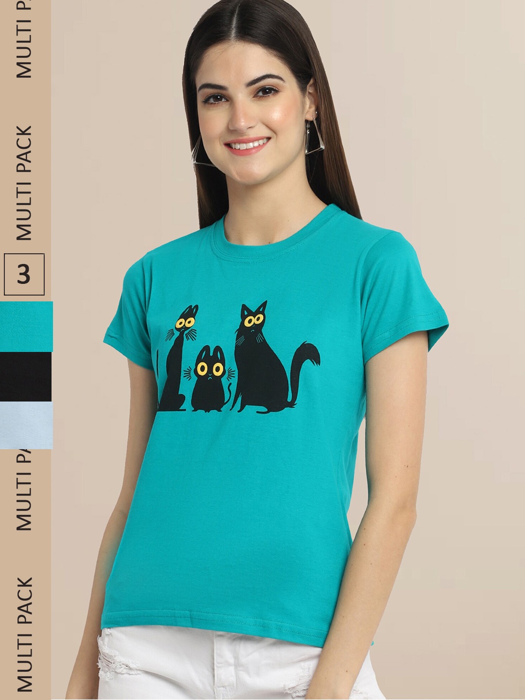 

Fabflee Pack Of 3 Women Typography Printed Cotton T-shirt, Turquoise blue