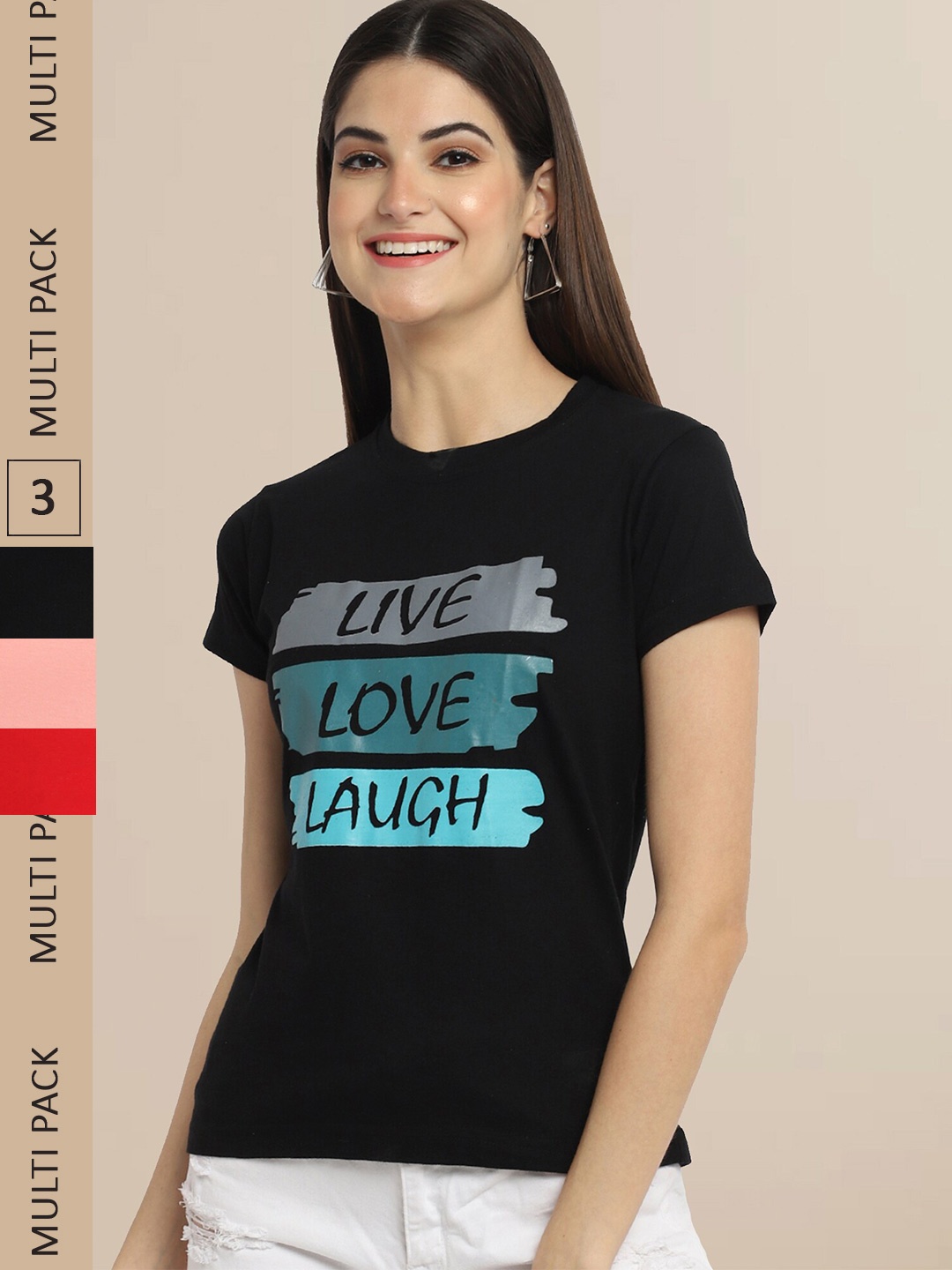 Fabflee Pack Of 3 Women Typography Printed Cotton T-shirt, Black