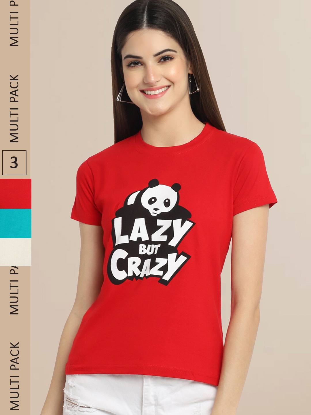

Fabflee Pack Of 3 Women Typography Printed Cotton T-shirt, Red