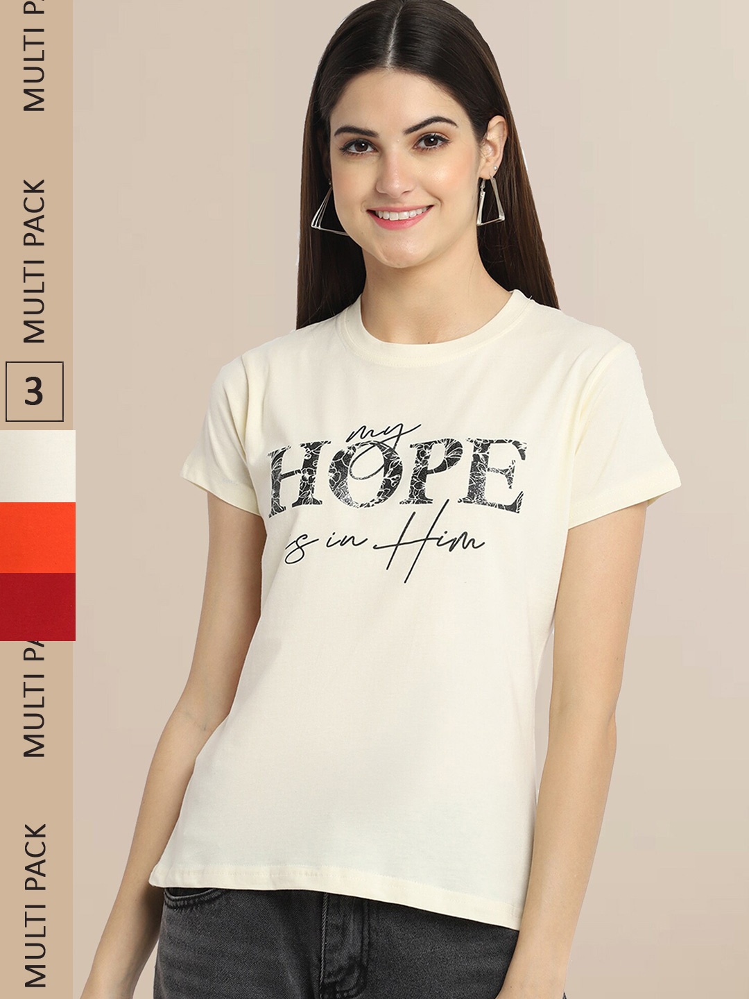 

Fabflee Pack Of 3 Women Typography Printed Cotton T-shirt, Beige