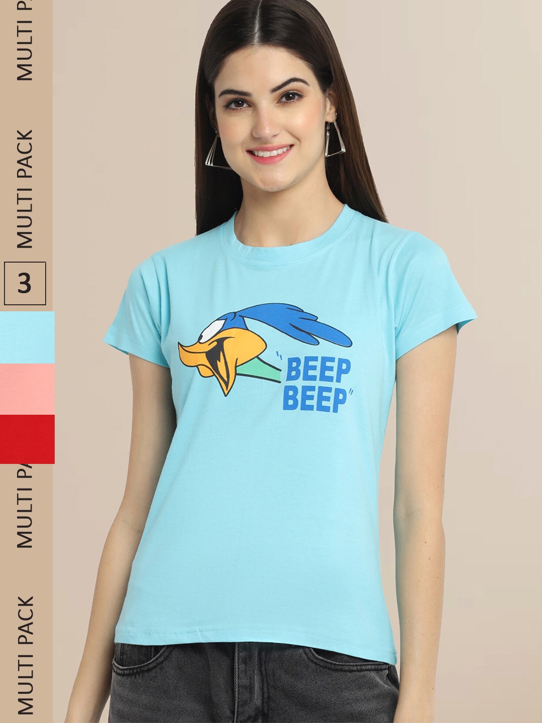 

Fabflee Pack Of 3 Women Typography Printed Cotton T-shirt, Blue