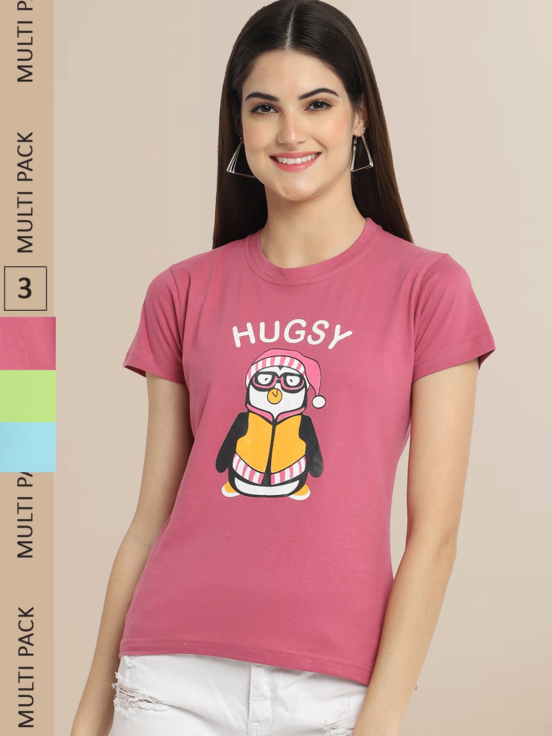 

Fabflee Pack Of 3 Women Typography Printed Cotton T-shirt, Pink