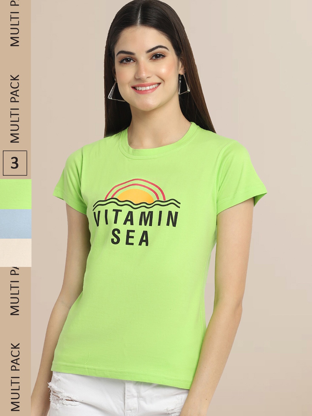 Fabflee Pack Of 3 Women Typography Printed Cotton T-shirt, Lime green