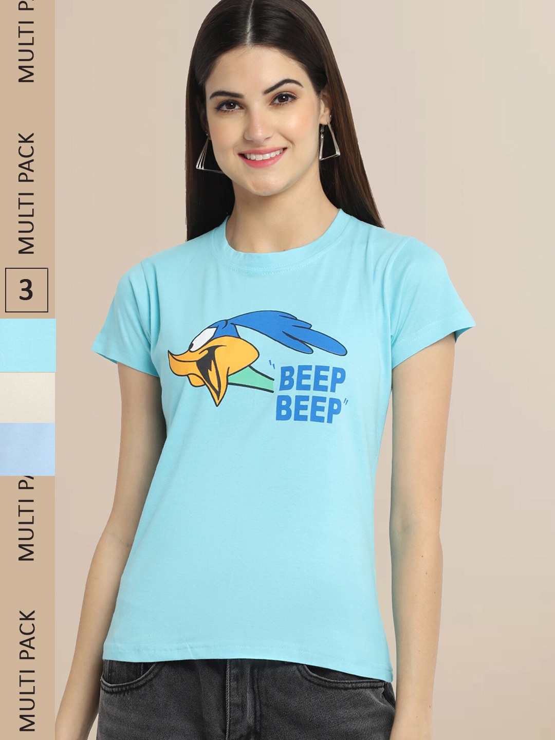 

Fabflee Women Pack of 3 Printed Cotton T-shirt, Blue