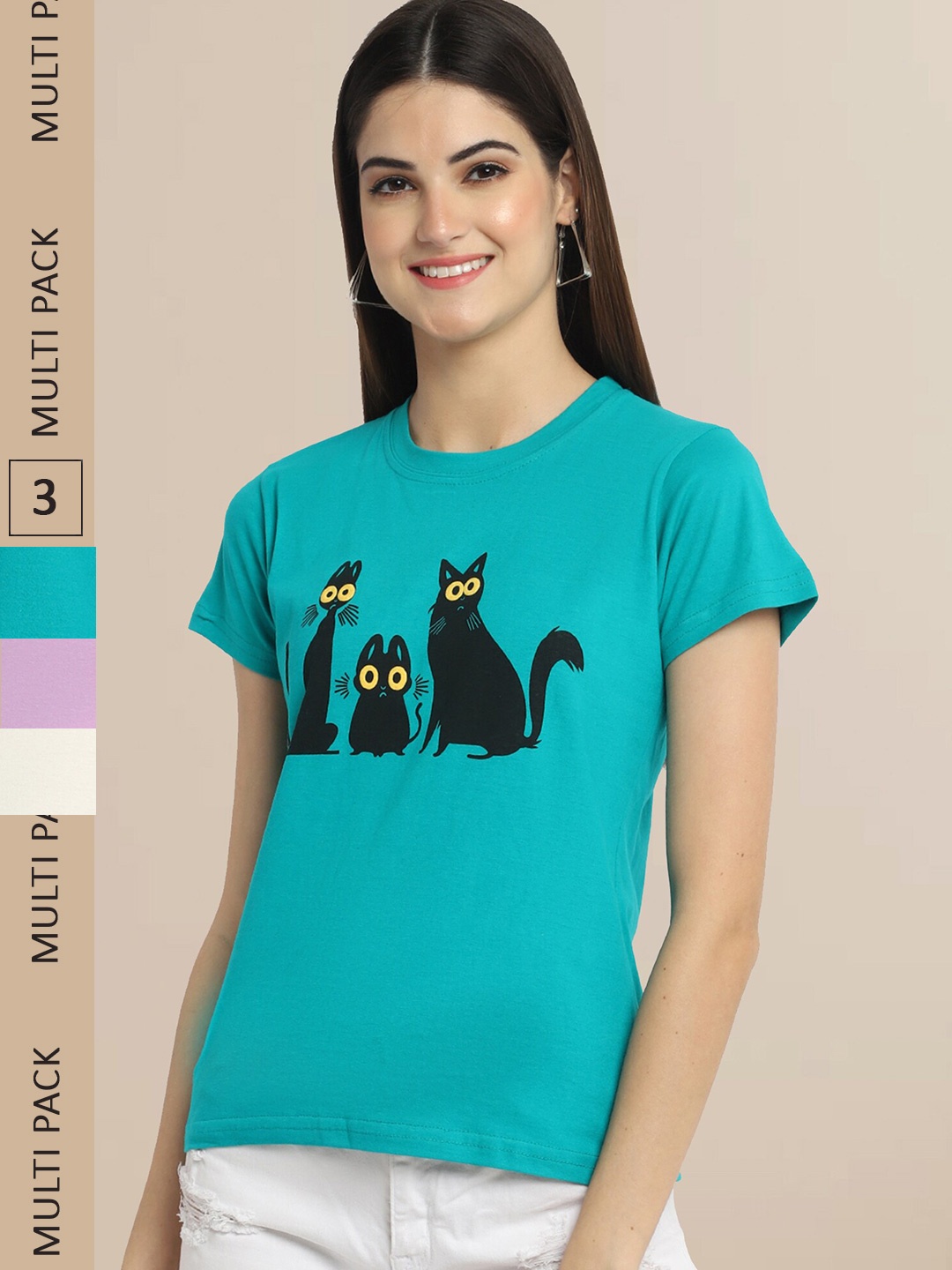 Fabflee Women Pack of 3 Printed Cotton T-shirt, Teal