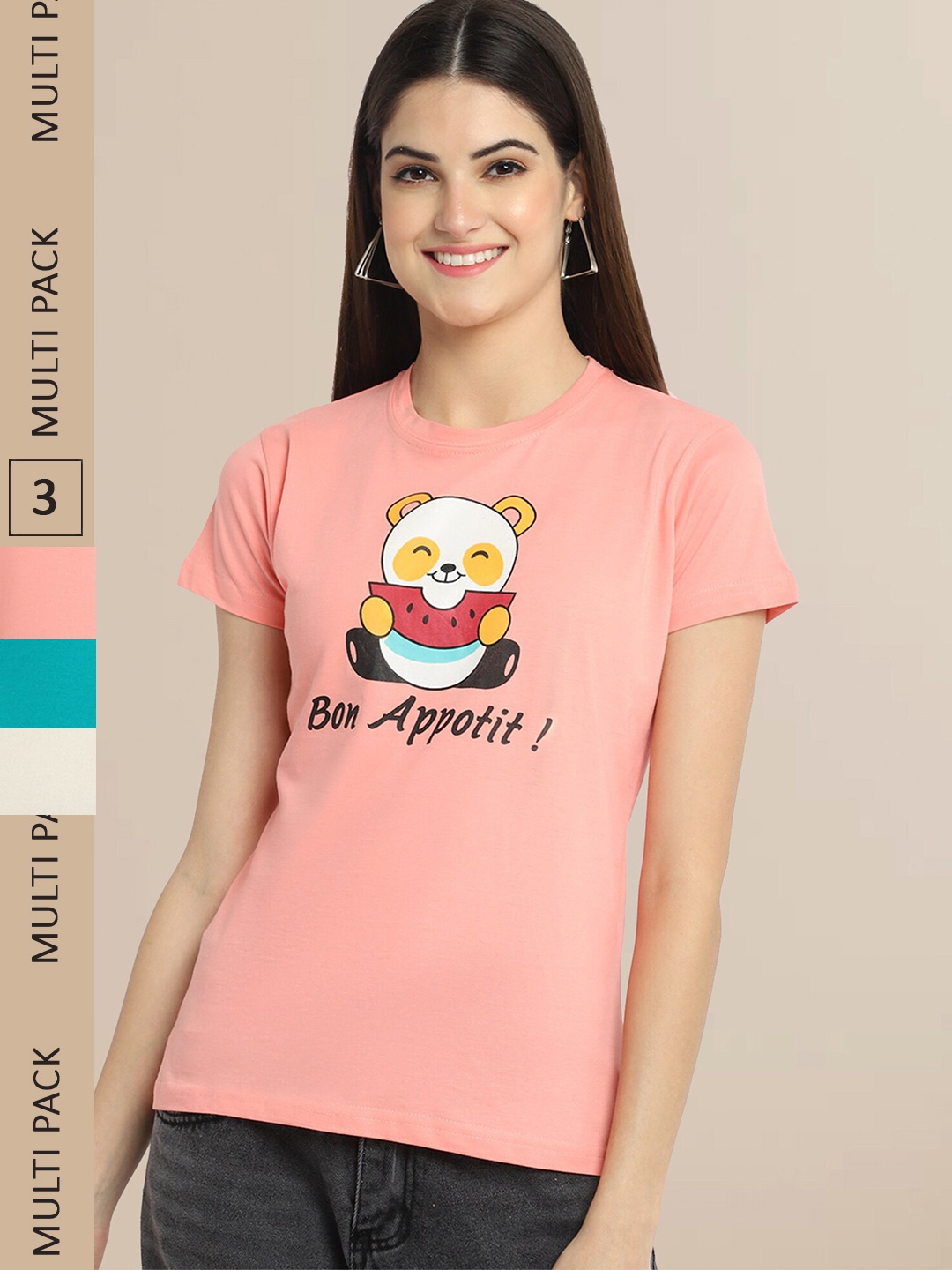 

Fabflee Women Pack of 3 Printed Cotton T-shirt, Peach