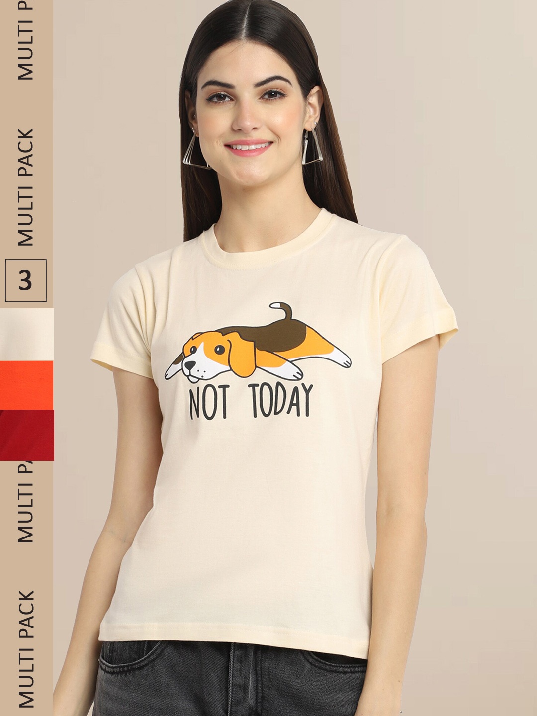 Fabflee Women Pack of 3 Printed Cotton T-shirt, Beige