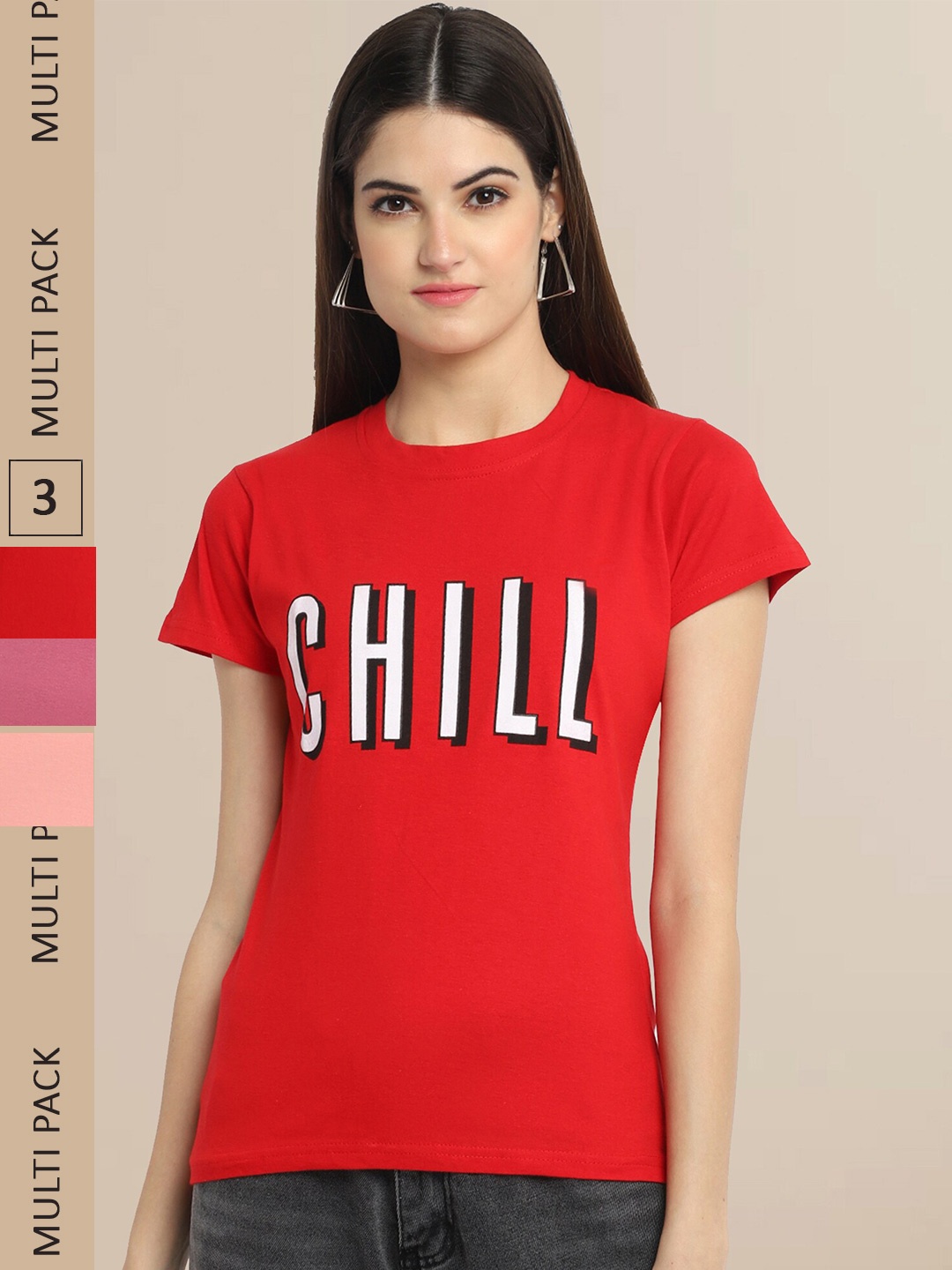 

Fabflee Women Pack of 3 Typography Printed Cotton T-shirt, Red