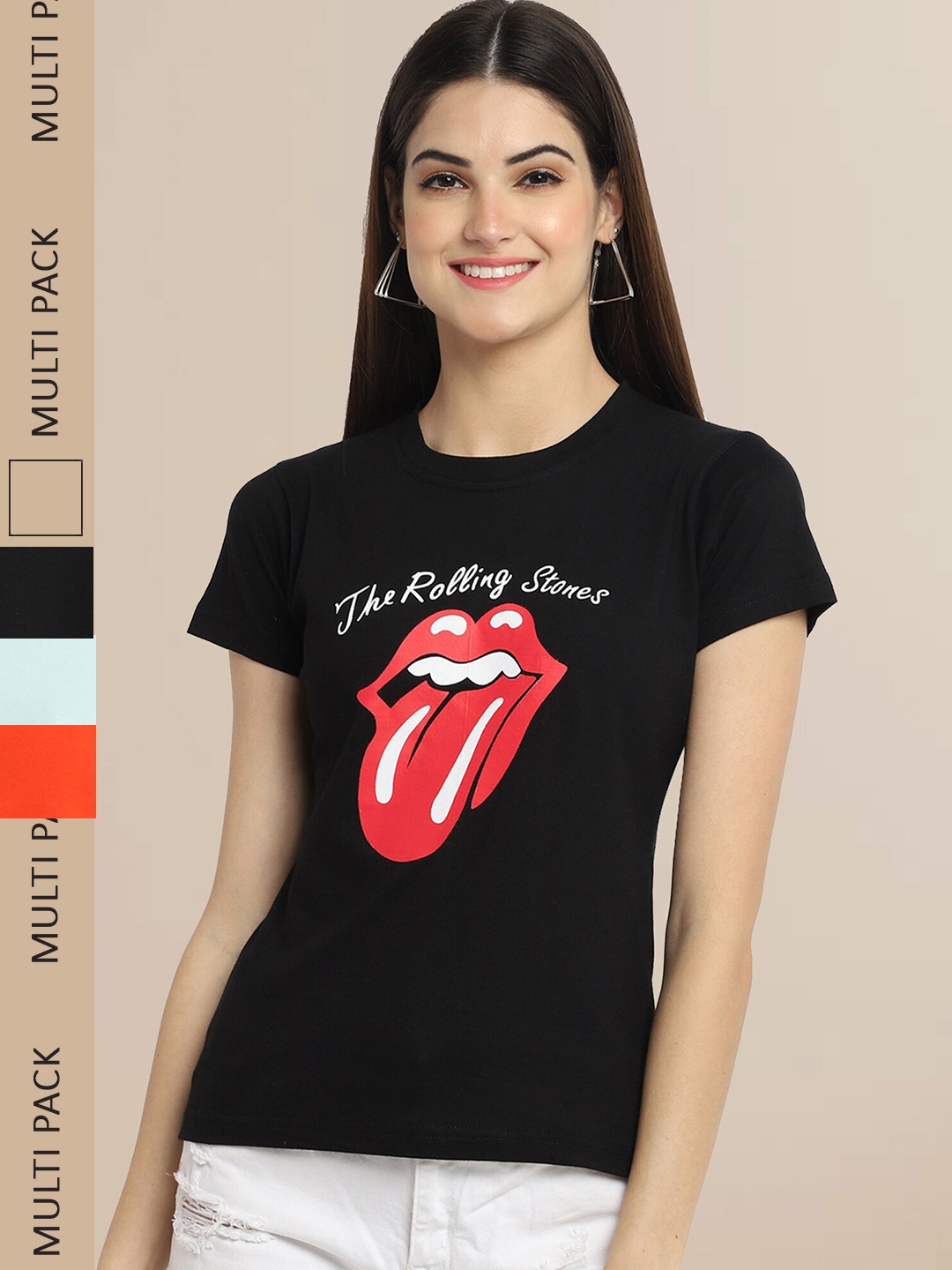 

Fabflee Women Pack of 3 Printed Cotton T-shirt, Black